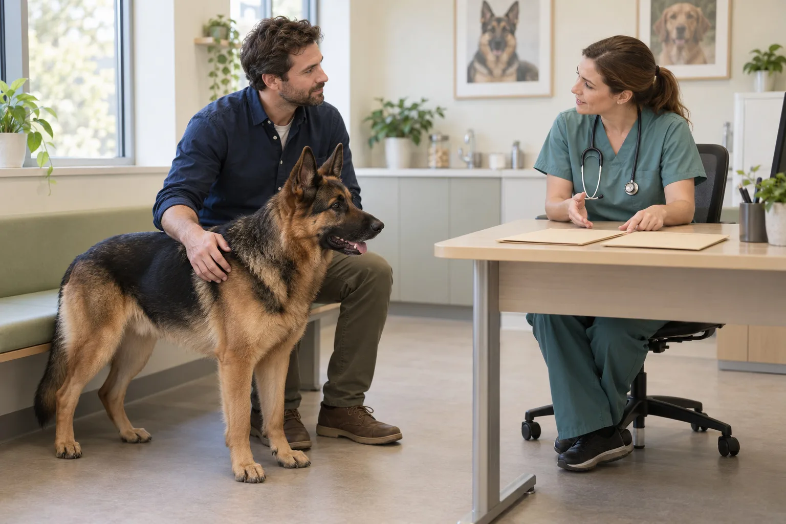 German Shepherd standing beside its owner during an illustrative veterinary consultation
